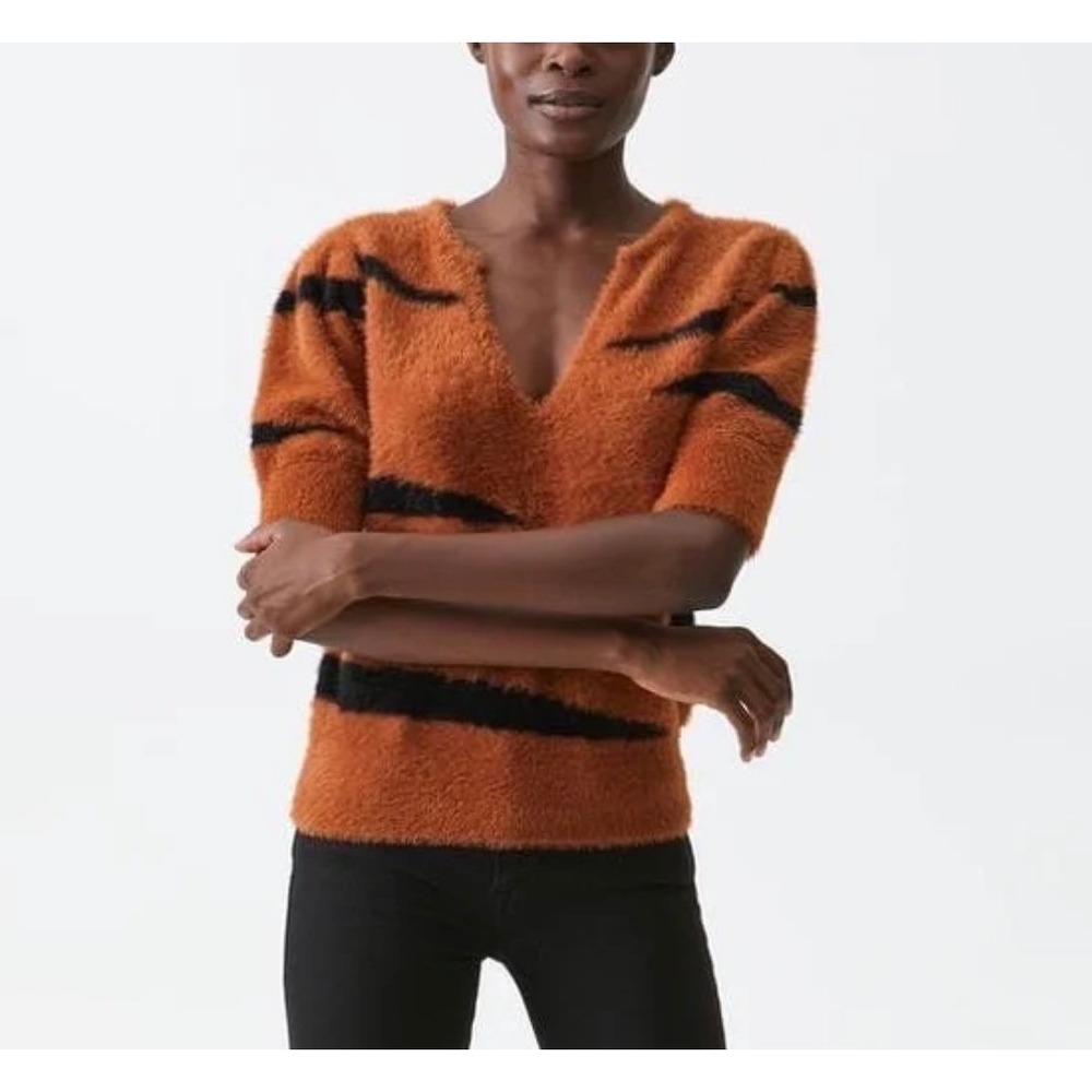 Michael Stars Honey Elbow Sleeve Pullover Tiger Fuzzy V-Neck Sweater Large SOFT!